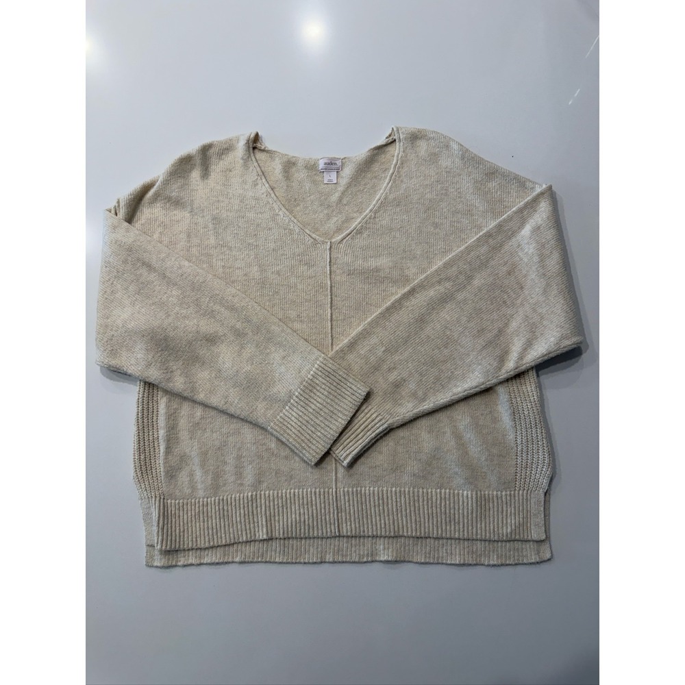 Auden V-Neck Long Sleeve Sweater Womens L Beige Relaxed Fit Lightweight Pullover
